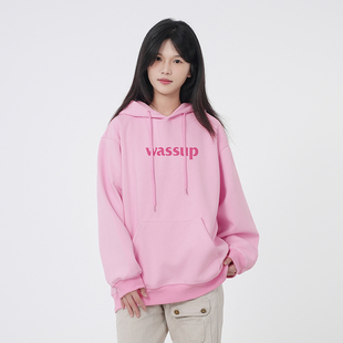 WASSUP粉色马卡龙字母卫衣男女款秋冬宽松休闲潮流百搭情侣连帽衫