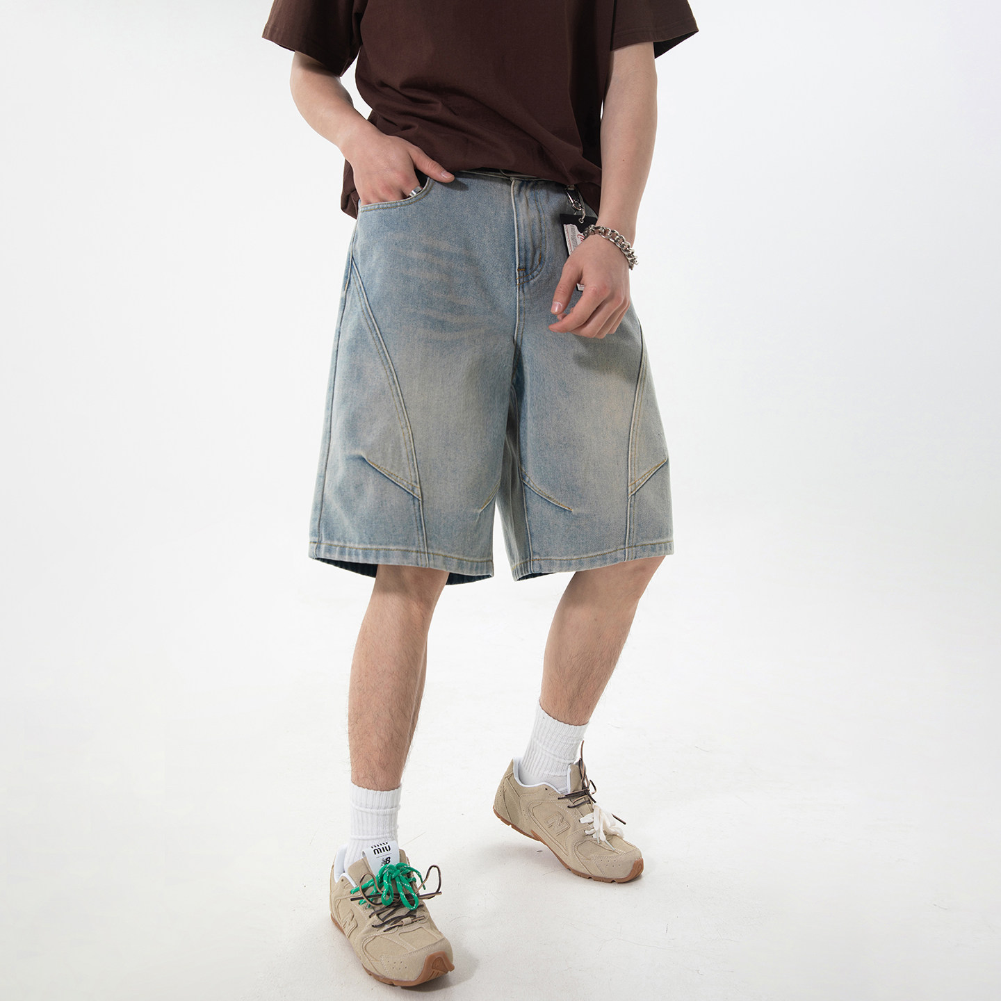 WASSUP水洗渐变蓝牛仔短裤男夏季宽松工装裤子男薄款潮牌五分裤子