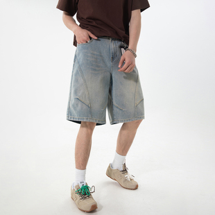 WASSUP水洗渐变蓝牛仔短裤男夏季宽松工装裤子男薄款潮牌五分裤子
