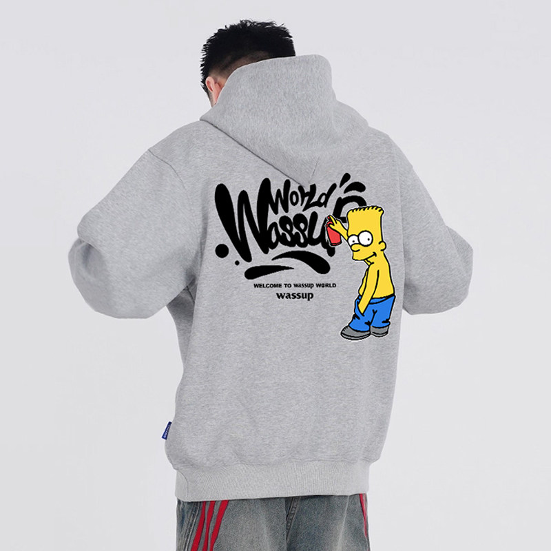 WASSUP美式街头涂鸦重磅灰色卫衣男秋冬宽松休闲情侣百搭连帽上衣