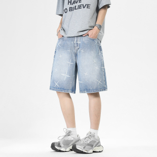 直筒五分休闲裤 WASSUP美式 夏季 男2026新款 高街水洗复古蓝牛仔短裤