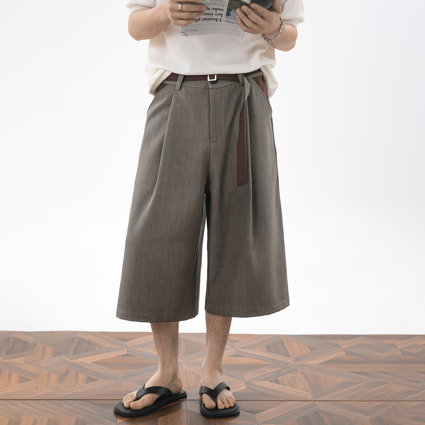 WASSUP韩系复古七分西裤男潮牌夏季薄款宽松高级感褶皱阔腿休闲裤