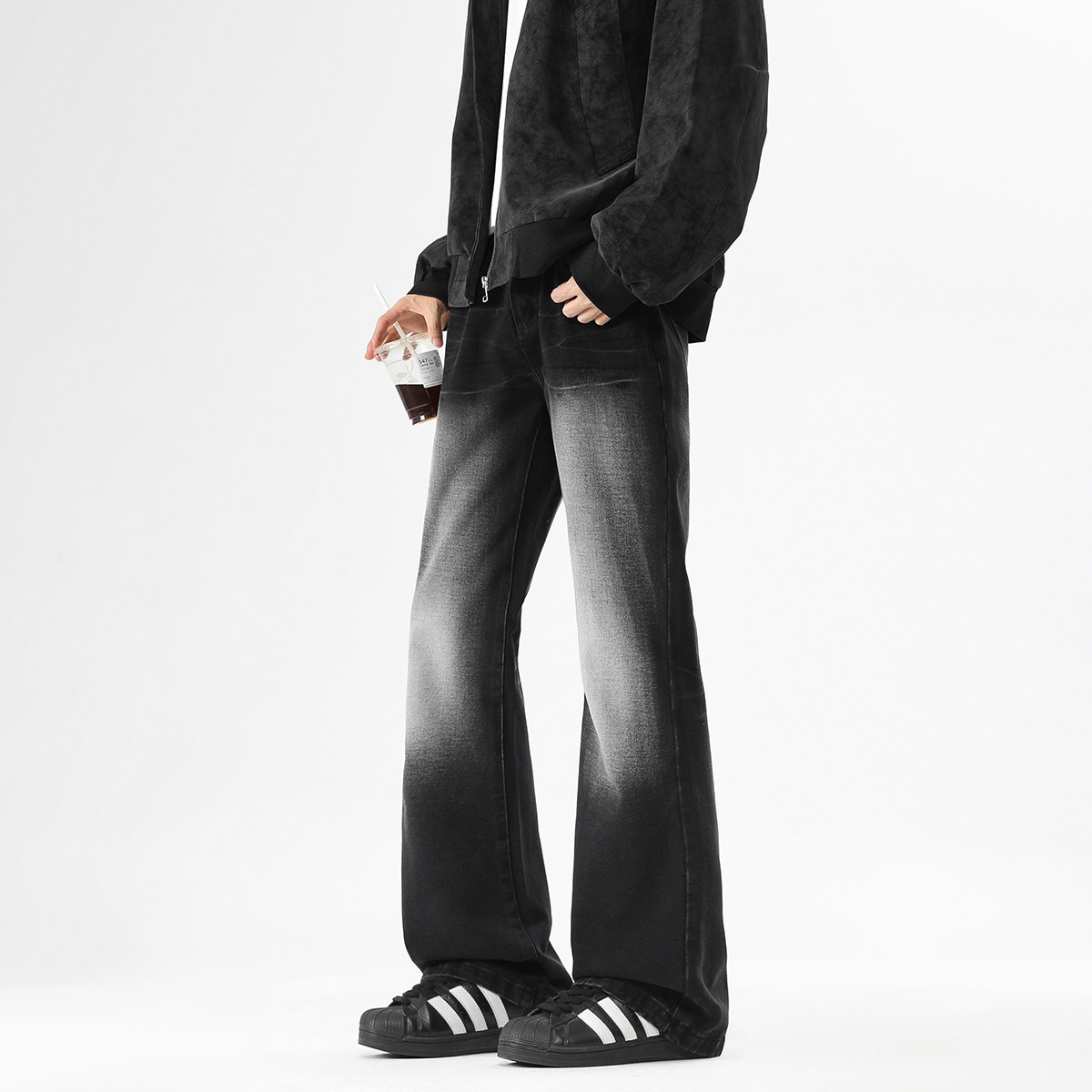 WASSUP潮牌渐变色美式复古高街做旧牛仔裤男秋季微喇工装直筒长裤