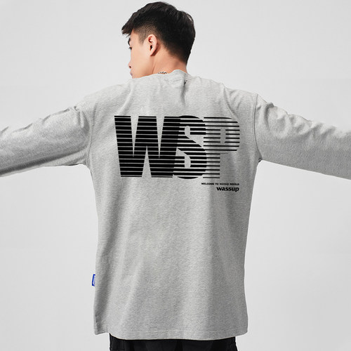 WASSUP美式叠影字母重磅长袖T恤