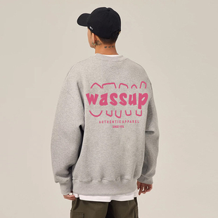 WASSUP潮牌灰色加绒卫衣男女款秋冬宽松休闲百搭美式重磅圆领上衣