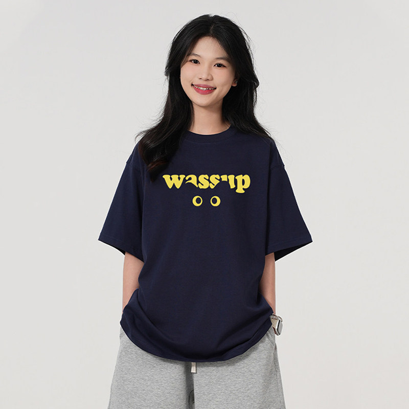 WASSUP卡通猫咪眼字母短袖T恤女夏季宽松休闲百搭圆领体恤衫上衣