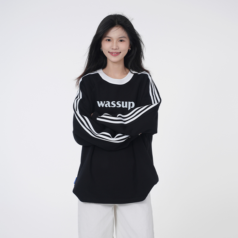 WASSUP美式黑白撞色长袖卫衣女秋