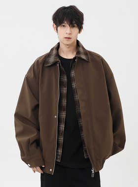 WASSUP潮牌美式复古纯色翻领夹克男女宽松百搭高级感褐色休闲外套
