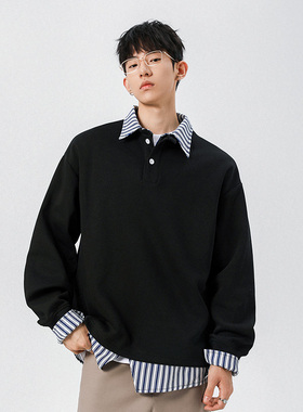 WASSUP潮牌黑色假两件条纹翻领男士卫衣2025春秋新款痞帅工装上衣