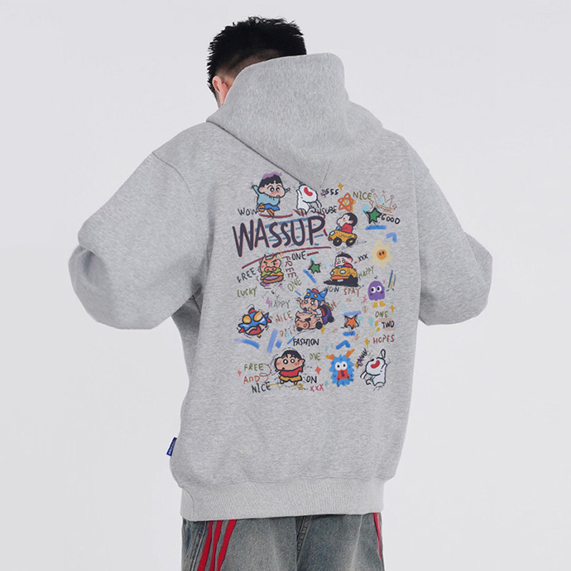 WASSUP卡通小新重磅卫衣男女款秋冬潮牌宽松休闲情侣连帽上衣外套