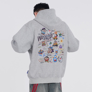 WASSUP卡通小新重磅卫衣男女款秋冬潮牌宽松休闲情侣连帽上衣外套