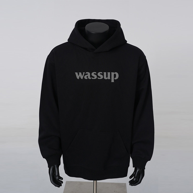 WASSUP黑色字母印花连帽卫衣男女款青少年高街重磅宽松百搭上衣服