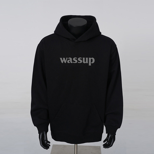 WASSUP黑色字母印花连帽卫衣男女款青少年高街重磅宽松百搭上衣服