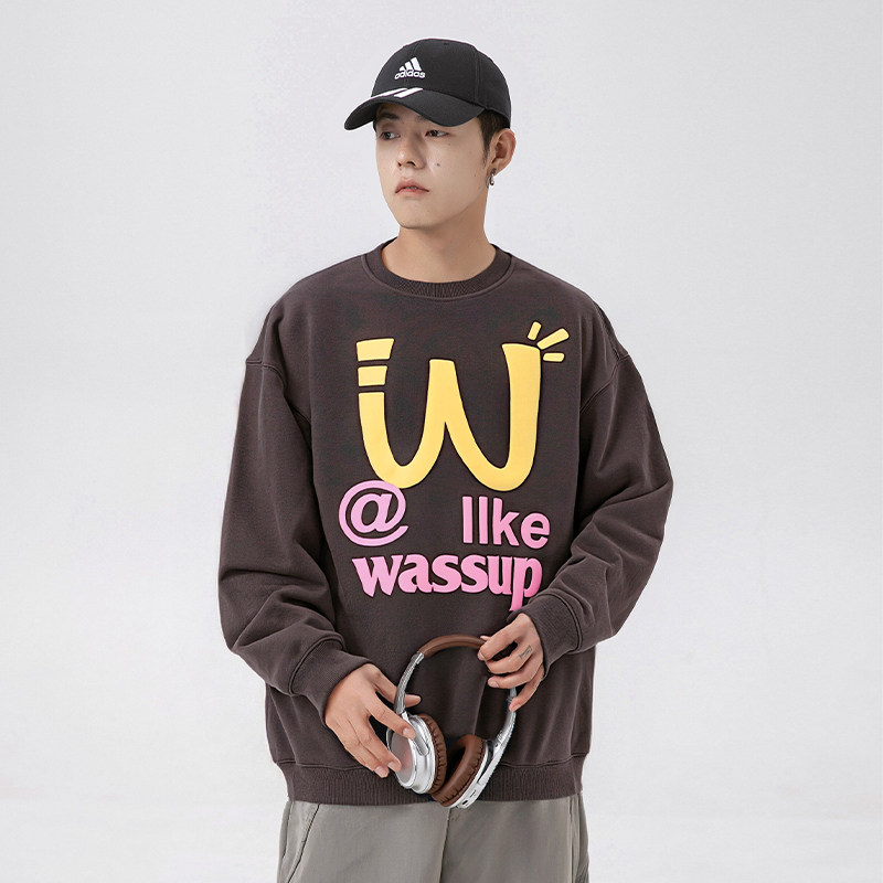 wassup潮牌美式字母发泡工艺卫衣男女秋冬百搭重磅宽松圆领上衣服