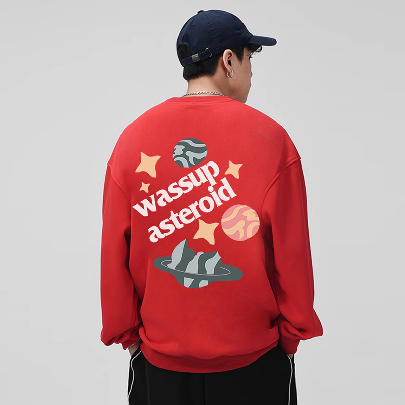 WASSUP HEODS潮牌星球圆领卫衣男士秋冬加绒宽松24新款新年红上衣