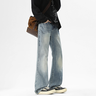 WASSUP潮牌美式复古蓝牛仔裤男士春秋潮流百搭青少年痞帅直筒长裤