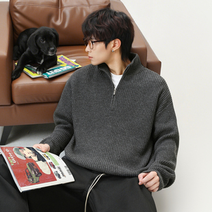 WASSUP加厚半拉链立领毛衣男秋冬季复古宽松简约针织衫保暖毛线衣