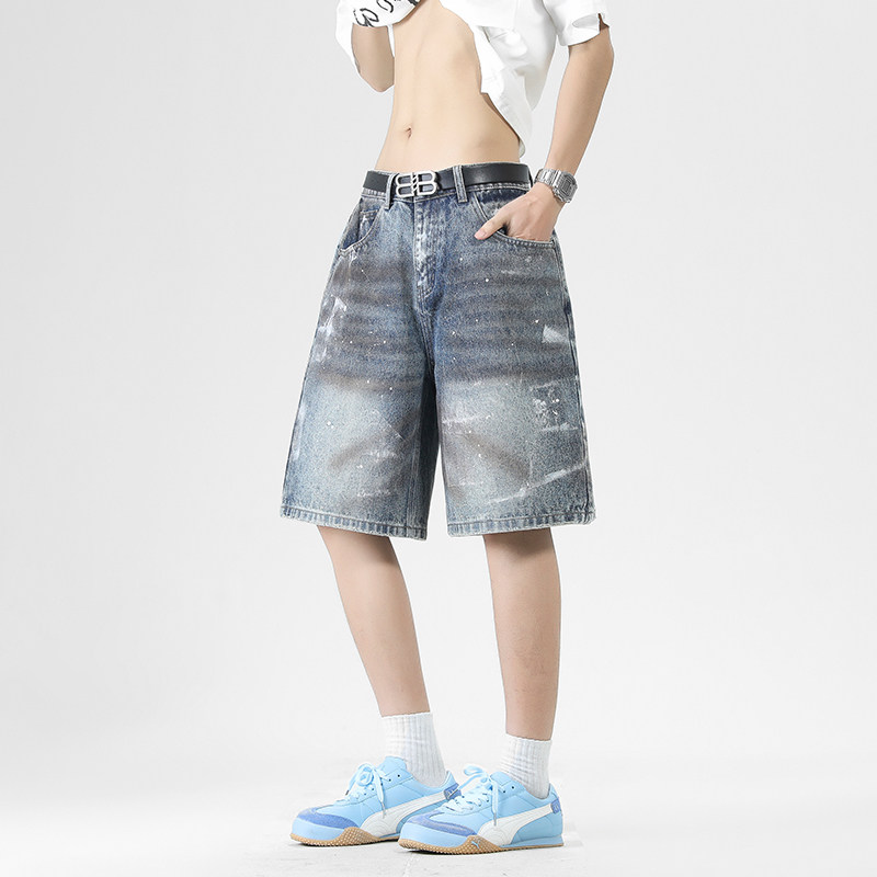 WASSUP复古牛仔短裤男潮牌宽松美式休闲泼墨油漆痞帅五分裤子夏季