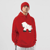 WASSUP潮牌马年中国红卫衣男连帽秋冬季 加绒宽松休闲情侣上衣帽衫