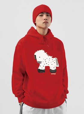 WASSUP潮牌马年中国红卫衣男连帽秋冬季加绒宽松休闲情侣上衣帽衫