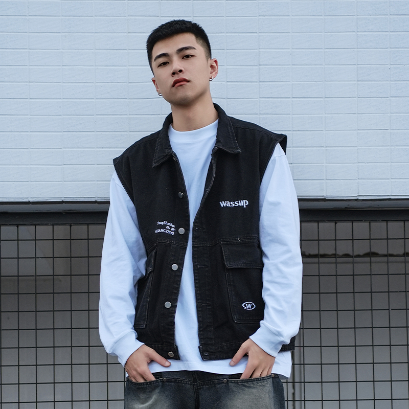 WASSUP复古牛仔马甲外套男女款