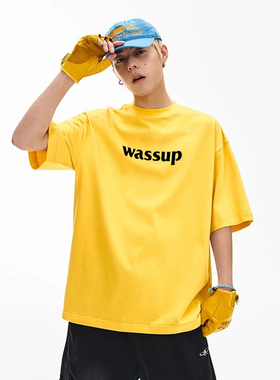WASSUP潮牌美式字母黄色T恤短袖男女夏季宽松休闲情侣百搭上衣服
