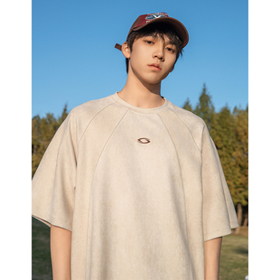 WASSUP美式小众设计感麂皮绒短袖T恤男女夏季宽松情侣百搭体恤衫