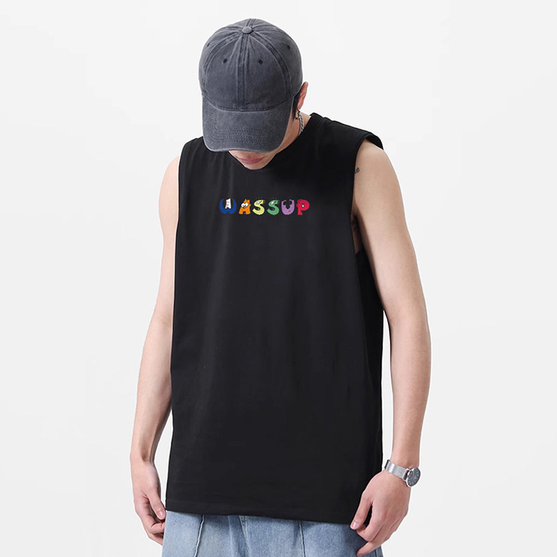 WASSUP趣味卡通字母背心t恤男夏季新款纯棉百搭潮流圆领运动上衣