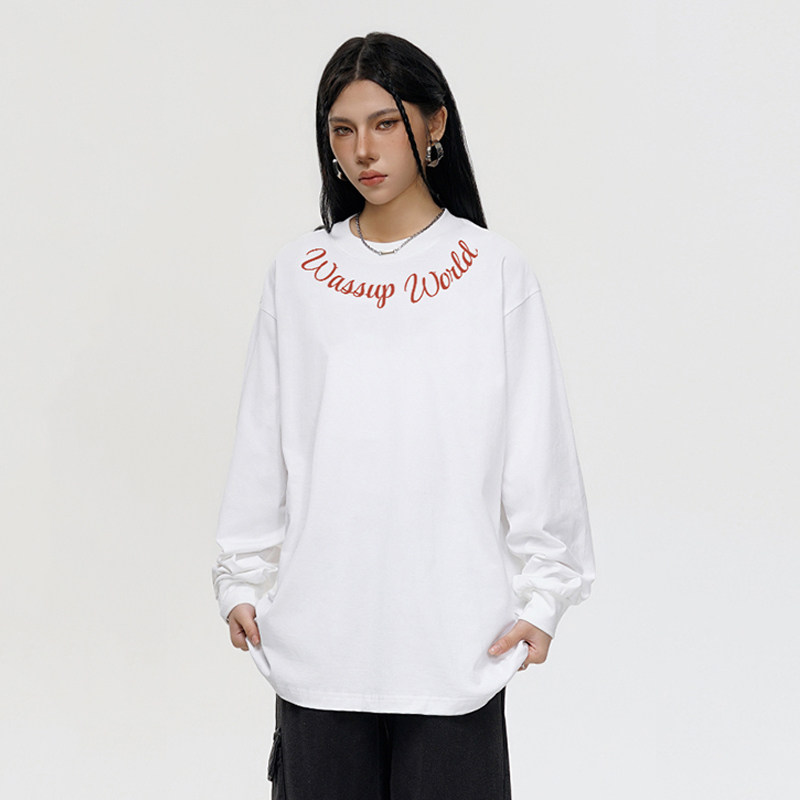 WASSUP潮牌美式哥特字体长袖T恤男女春秋新款重磅纯棉情侣上衣服