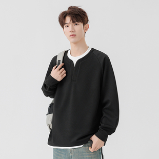 WASSUP美式小V领假两件卫衣男秋季潮牌内搭长袖T恤休闲老钱风上衣