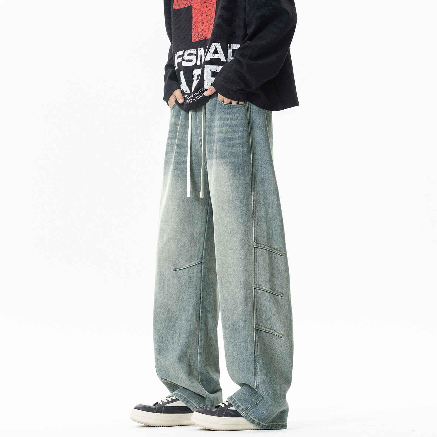 WASSUP美式复古做旧水洗牛仔裤男