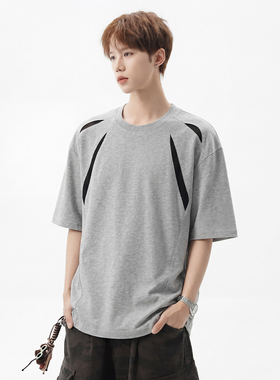 WASSUP灰色解构拼接设计感短袖男夏季ootd穿搭半袖美式重磅正肩T