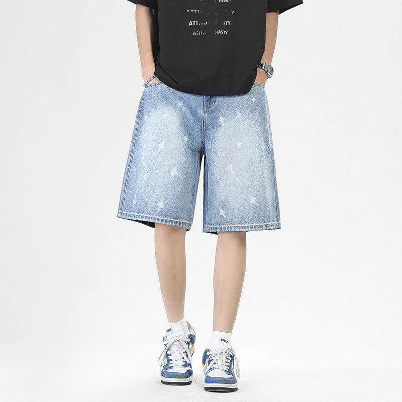 WASSUP美式水洗蓝星星牛仔短裤男夏季2026新款直筒高街五分中裤子