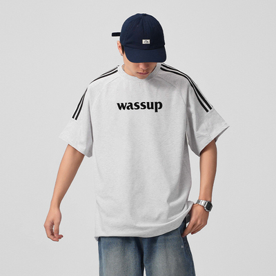 WASSUP潮牌条纹字母短袖男