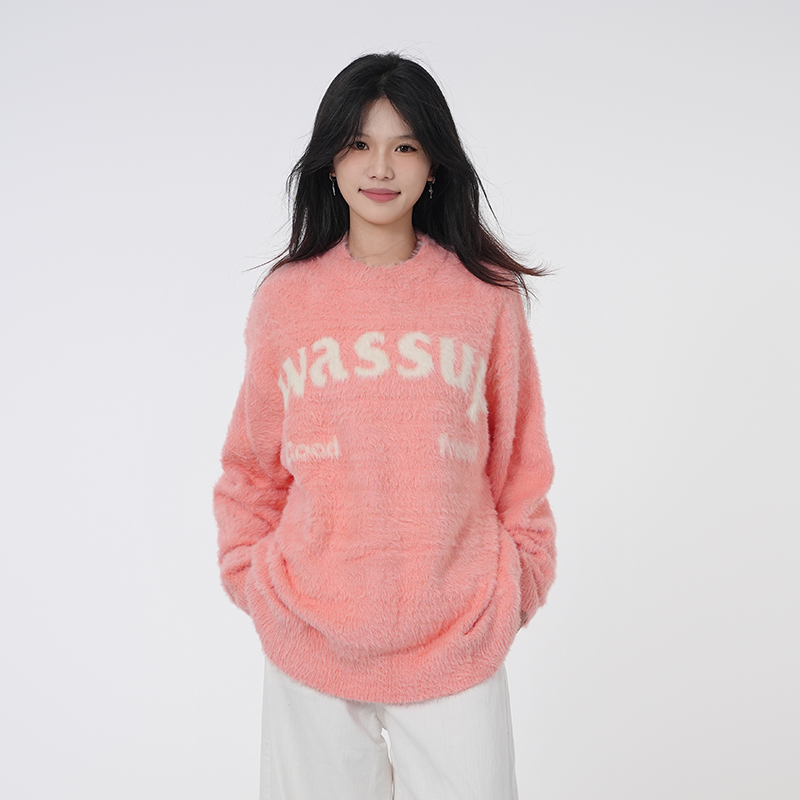 WASSUP粉色字母针织毛衣女上衣秋