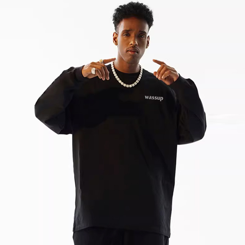 WASSUP基础字母3D立体长袖T恤男