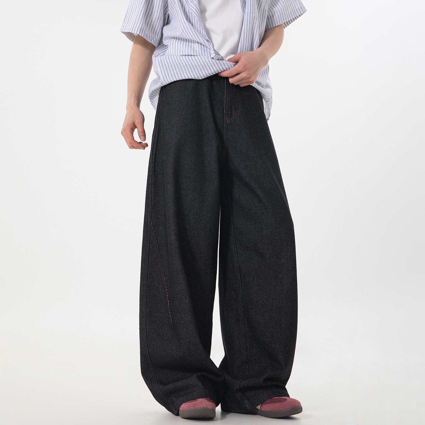 WASSUP美式复古水洗原黑色弯刀牛仔裤男新款潮牌宽松直筒阔腿长裤