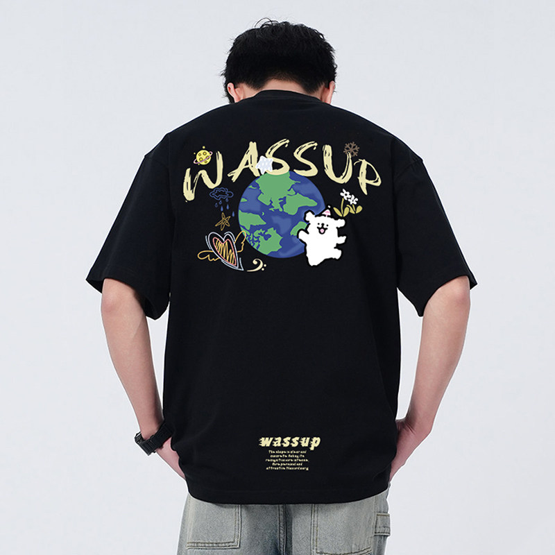 WASSUP涂鸦线条小狗短袖T恤男美
