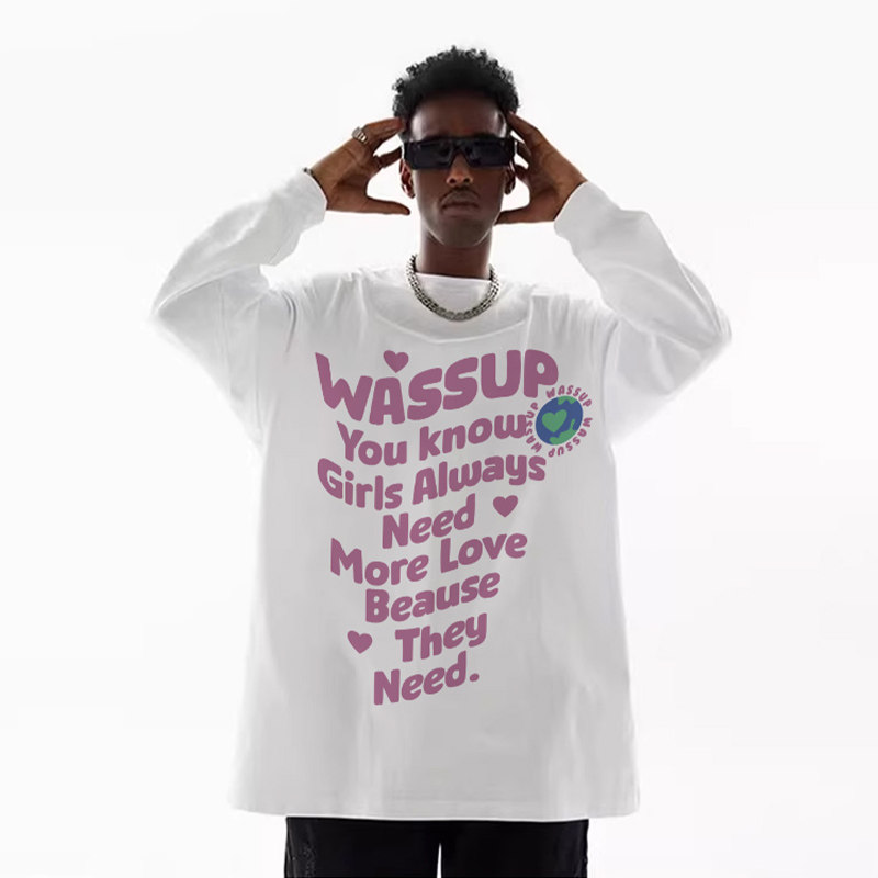 WASSUP HEODS潮牌美式长袖t恤男女春秋季宽松纯棉重磅打底衫上衣