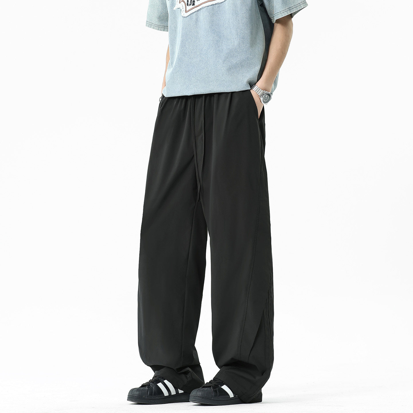 WASSUP冰丝休闲裤男夏季2026新款潮牌垂坠凉感宽松直筒薄款男裤子