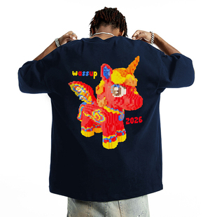 宽松休闲百搭情侣圆领半袖 上衣 T恤男夏季 WASSUP国潮马年系列短袖