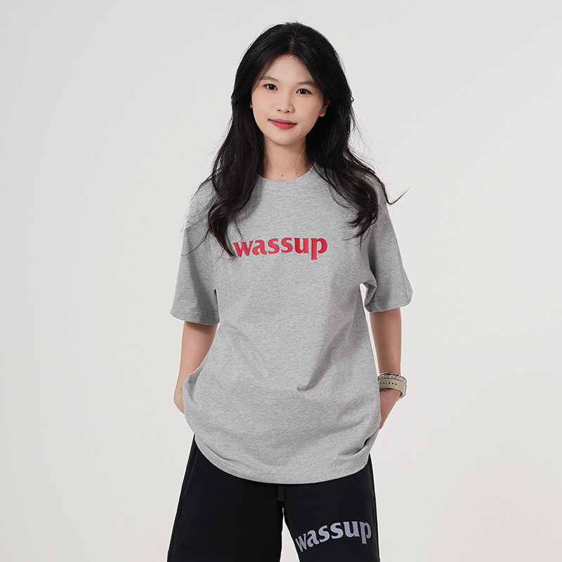 WASSUP潮牌灰色字母T恤短袖女夏季2026新款宽松休闲多色体恤上衣