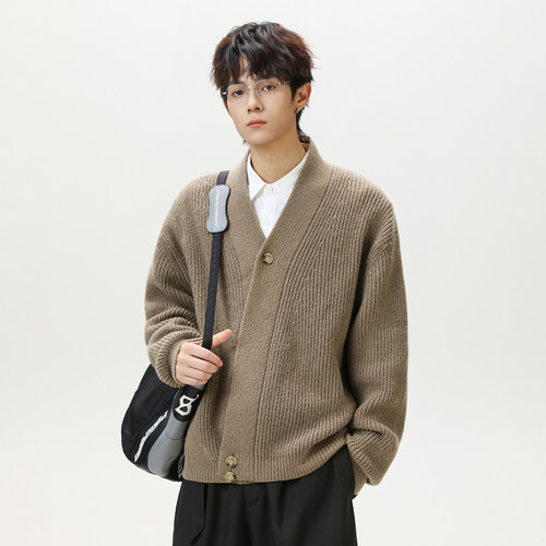 WASSUP复古V领开衫毛衣外套男