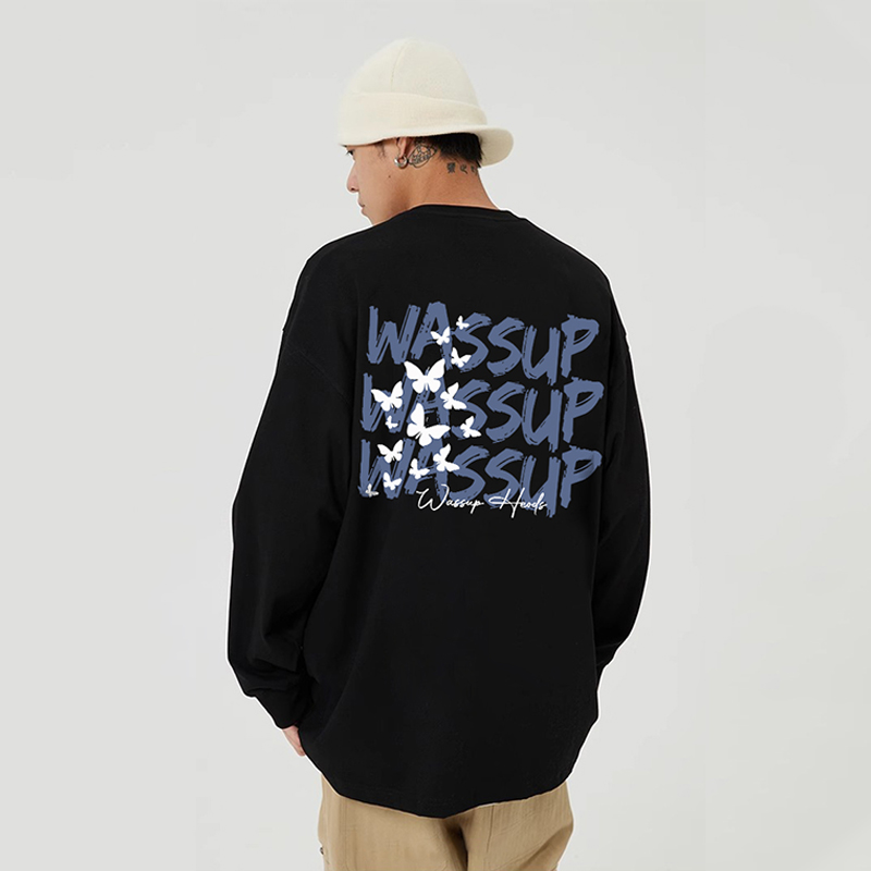 WASSUP蝴蝶彩绘美式重磅长袖T恤