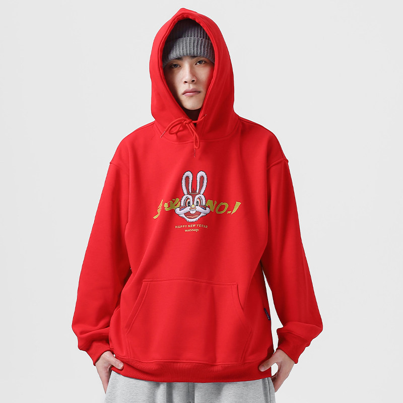 WASSUP HEODS中国红色卫衣男女装美式重磅连帽衫套头情侣外套春秋
