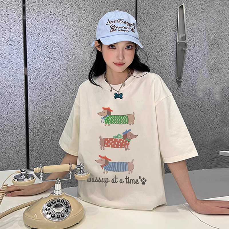 WASSUP腊肠狗美式喷墨T恤短袖男女款夏季新款重磅纯棉圆领体恤衫