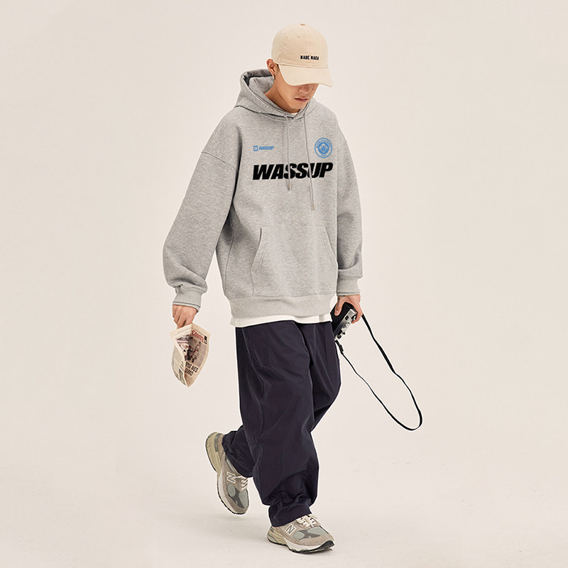 WASSUP美式重磅灰色加绒卫衣男连帽秋冬新款潮牌宽松百搭情侣上衣