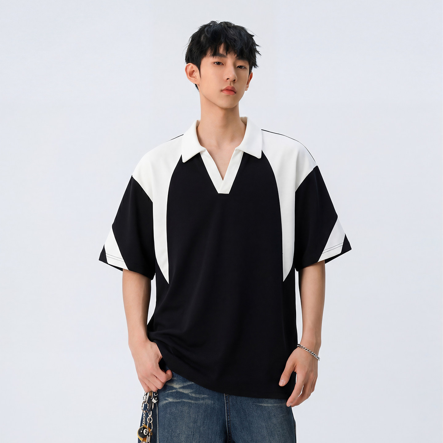 WASSUP美式拼色V领Polo衫短袖t恤男款2026夏季潮牌宽松半袖上衣服