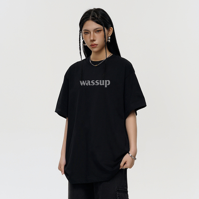 WASSUP字母logo美式T恤女短袖