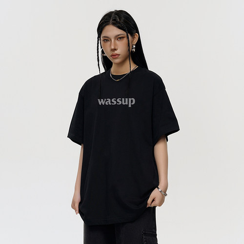 WASSUP字母logo美式T恤女短袖